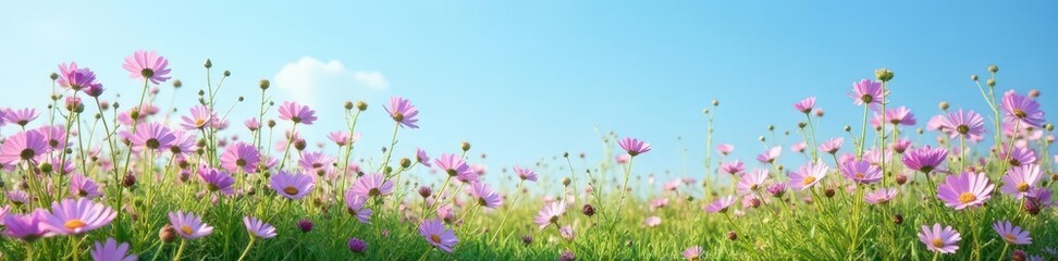 Delicate wildflowers in shades of purple and pink blanket a tranquil meadow against a clear blue sky , blue, meadow