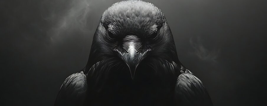 Close up shot of a dark raven with a strong beak, looking directly at the camera in grayscale