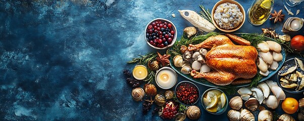 Fototapeta premium Festive feast with roasted poultry centerpiece, complemented by sides, candles, and rustic ambiance