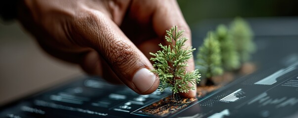 Hand planting seeds in a digital interface with technological growth charts