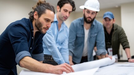 Diverse group of young and adult caucasian males discussing blueprints in an office setting