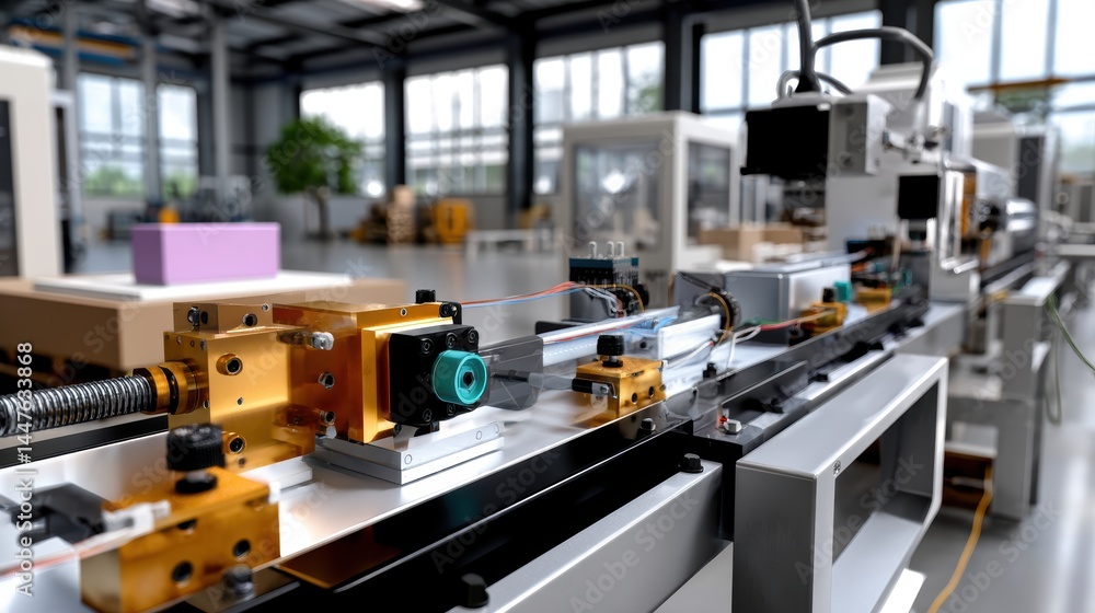 Poster automated industrial assembly line in modern factory setting with advanced machinery