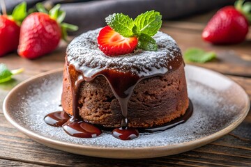 Sliced small chocolate tart with melted chocolate filling garnished with raspberry