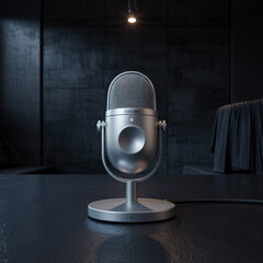 Sleek silver microphone with volume knob and mute button on an adjustable stand, set against a dark studio backdrop with a spotlight.