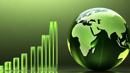 Growth visualization with rising green bar graphs and rotating globe in ecofriendly setting - Powered by Adobe