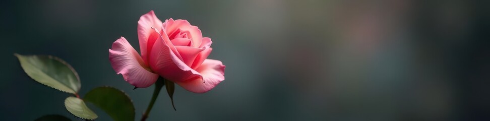 Single pink rose, long stem, soft petals, graceful curve , vibrant, photography, fresh