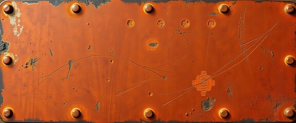 Weathered steel plate with rivets and scratches, grunge texture, rusty texture
