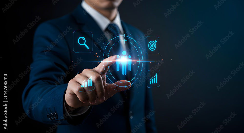 Poster business man touching digital interface data network globe display in dark background
