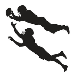 Silhouette of two American football players in dynamic action catching ball, isolated on white background, sports motion, teamwork, competition © G2G