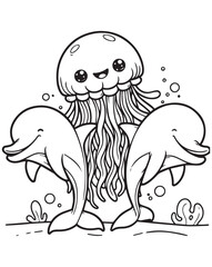 Coloring book jellyfish with two playful dolphins. A sweet and charming marine coloring education