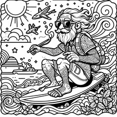 Cool Surfing Illustration of a Bearded Man with Tattoos