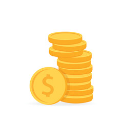 Gold coins stack isolated on white background. Golden metal dollar cents, cash. Financial concept of finance bonus, profit, income, earnings and savings. Flat vector illustration.