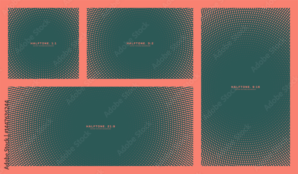 Poster half tone dash texture forming dynamic radial frames bold backgrounds. set contains popular formats 
