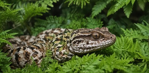 Naklejka premium A camouflaged puff adder rests on vibrant green leaves , close-up, ecology