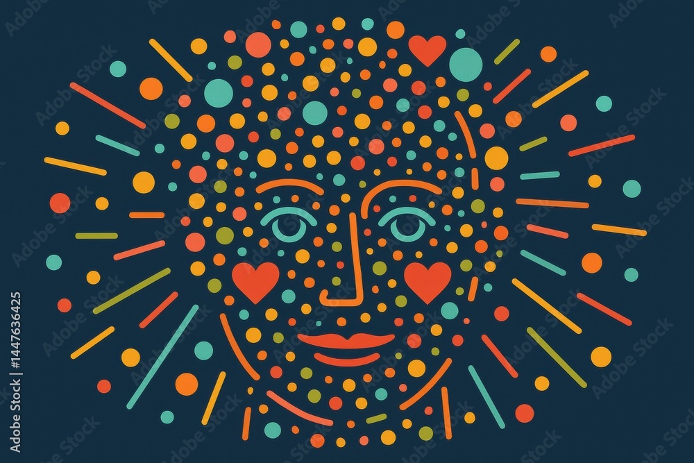 Aufkleber vibrant abstract illustration of a smiling face surrounded by colorful dots and lines, evoking feeli