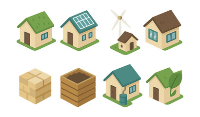 Eco-friendly housing icons set – solar, wind, eco, green, sustainability, renewable, compost, energy, modern