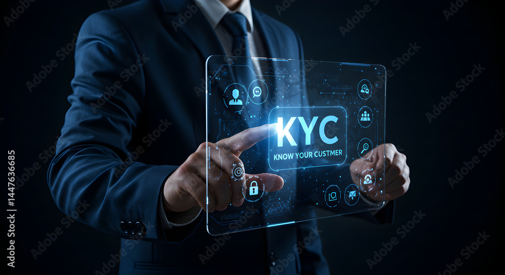Poster businessman in dark suit interacting with transparent digital screen displaying kyc information in a