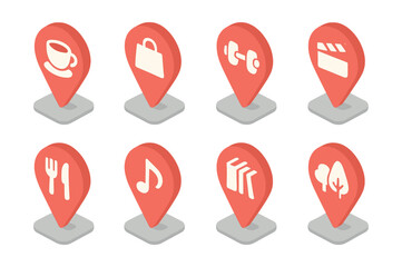 City activity icons set – coffee, shopping, fitness, cinema, dining, music, reading, park