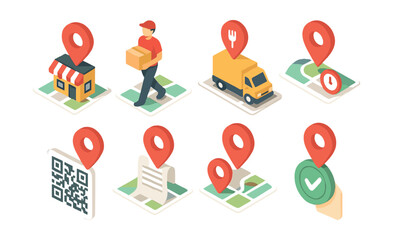 Isometric delivery icons set – package, truck, location, qr code, map, checkmark, courier, shop
