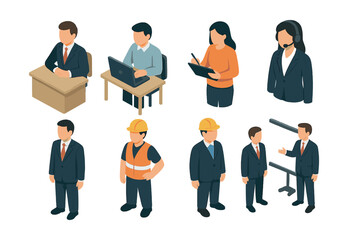 Isometric business icons set – laptop, desk, clipboard, headset, hardhat, suit, presentation