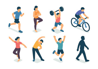 Isometric fitness icons set – running, yoga, cycling, weightlifting, walking, dancing, stretching