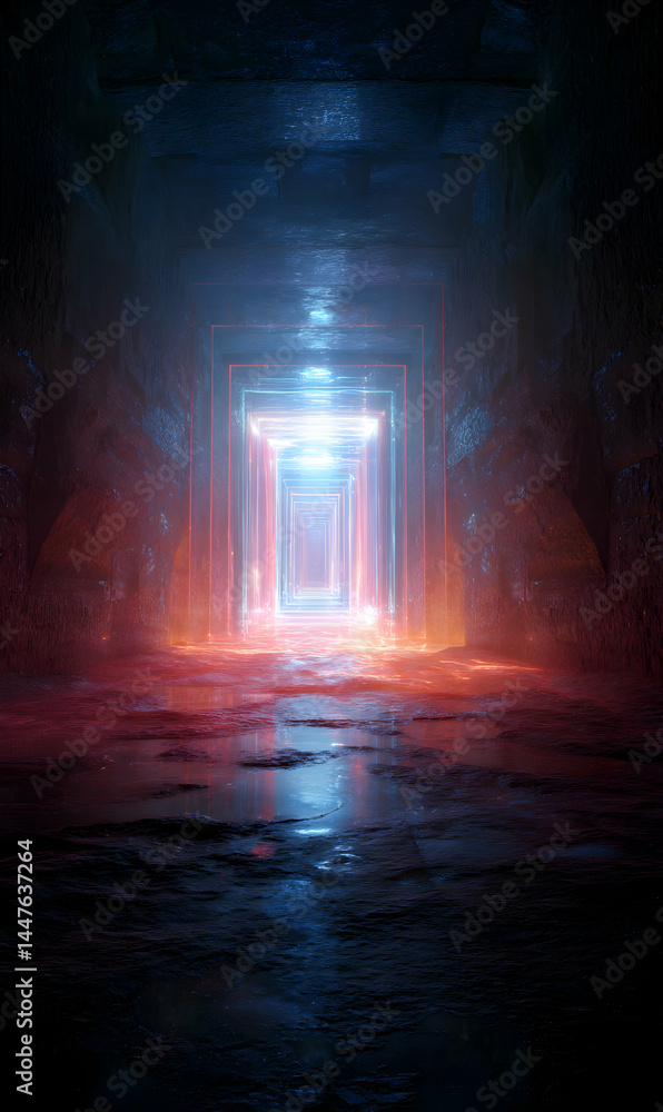 Poster subterranean passage with ethereal illumination beckoning explorers into a mysterious unknown dimens
