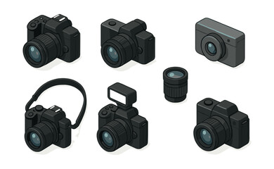 Isometric camera icons set &ndash; dslr, lens, flash, compact, professional, photography