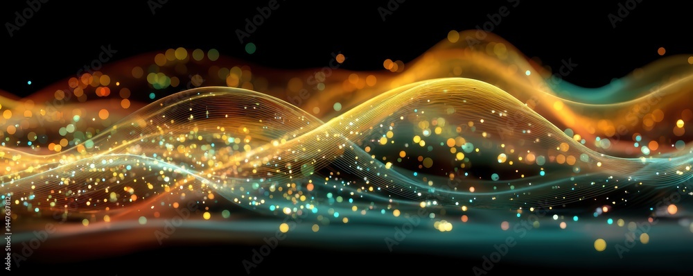 Aufkleber abstract golden and teal light waves with sparkling bokeh particles on black background