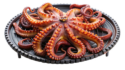 Obraz premium Grilled Octopus on a Serving Tray Presentation Against a Black Background