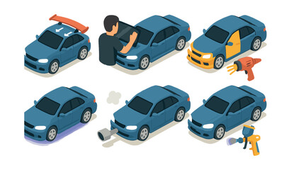 Vehicle customization icons set – tinting, spoiler, painting, wrap, exhaust, detailing, repair, upgrade