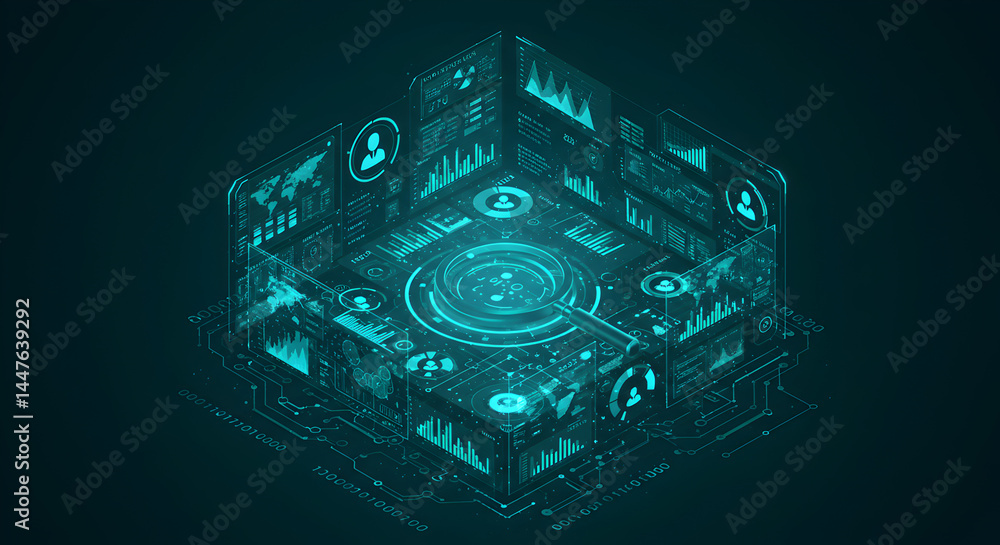 Poster futuristic technology isometric cube with digital network display and virtual user interface in azur