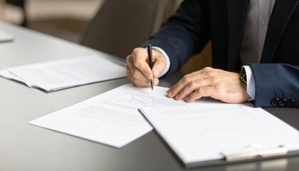 A person in a suit is signing documents at a desk, focusing on paperwork and business formalities.