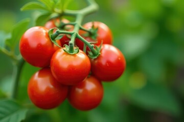 Luscious red tomatoes cluster on vine, organic garden , vibrant, countryside, color