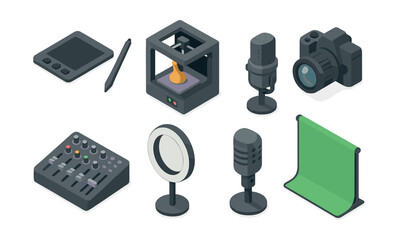 Creative tools icons set – tablet, 3d printer, microphone, camera, mixer, ring light