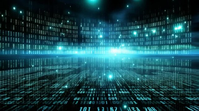 Digital Realm: A futuristic panorama unfolds, a mesmerizing digital landscape rendered in cool blue hues, offering a glimpse into the world of information technology.