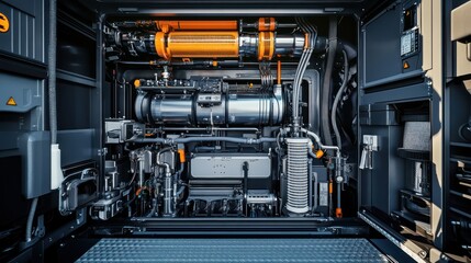 A highly detailed shot of an industrial diesel generator with an open maintenance hatch, showing cooling pipes, fuel filters, and