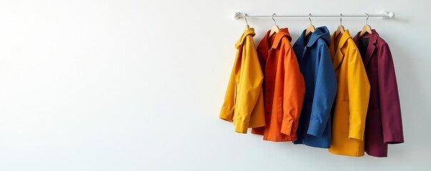 Several coats hanging neatly on minimalist white wall , home, organized, winter