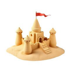 A Detailed 3D Render of a Sandcastle with a Red Flag on a Beach