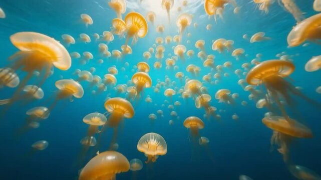 Stunning underwater jellyfish swarm in sunlight