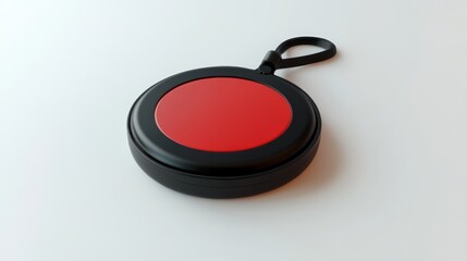 Compact, round, black device with red center, attached to a strap