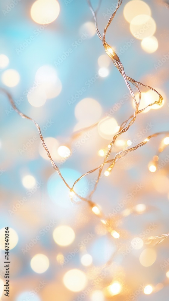 Poster muted string lights casting soft bokeh illumination against background. blue glowing abstract backgr