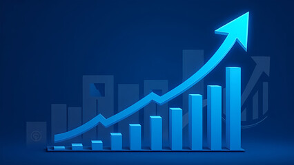 Blue Financial Growth Chart with Upward Arrows and Data Analytics Elements