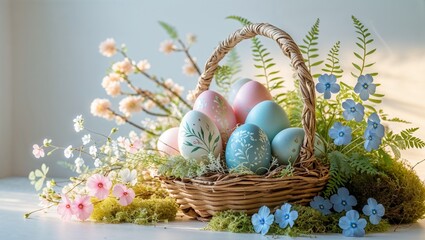 easter eggs in a basket with flowers
