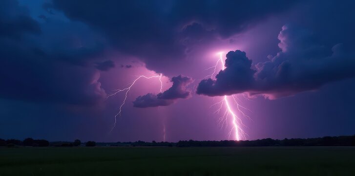 Sudden lightning strike reveals brooding, pre-storm landscape ,  intense,  dramatic lighting