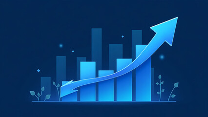 Blue Financial Growth Chart with Upward Arrows and Data Analytics Elements