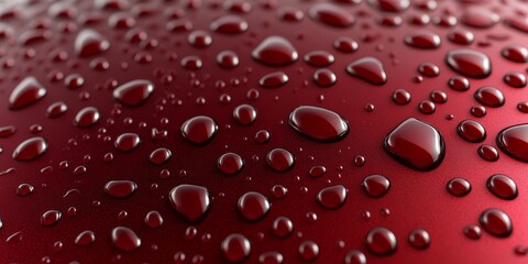 Close-Up of Water Droplets on a Red Metallic Surface, Showcasing the Hydrophobic Effect