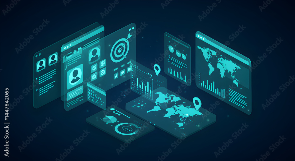 Poster isometric data network on multiple screens in blue tones for global analysis and futuristic technolo