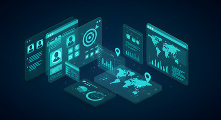 Fototapeta premium Isometric Data Network on Multiple Screens in Blue Tones for Global Analysis and Futuristic Technology