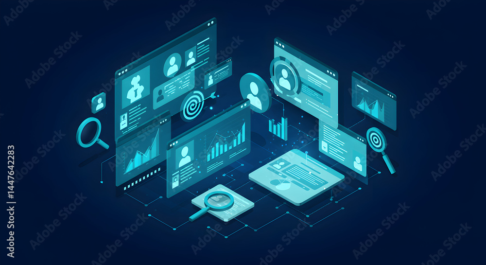 Poster isometric pixel art style user interface of blue data analysis and online information technology con