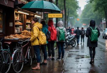 Urban tourists in the rain at a street food stall